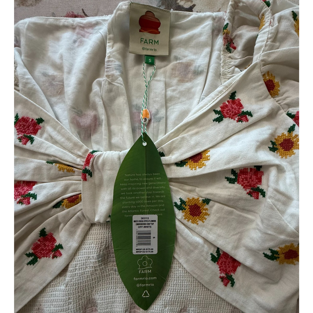 NEW Farm Rio Embroidered Cross Stitch Crop Top Off White Puff Sleeve Size Small - Picture 12 of 14